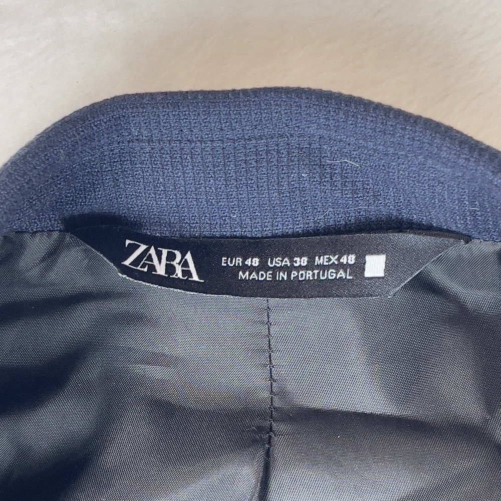 Zara Blazer Jacket Men's 38 Navy Textured Lined Single Breasted Notch Lapel - Picture 3 of 7